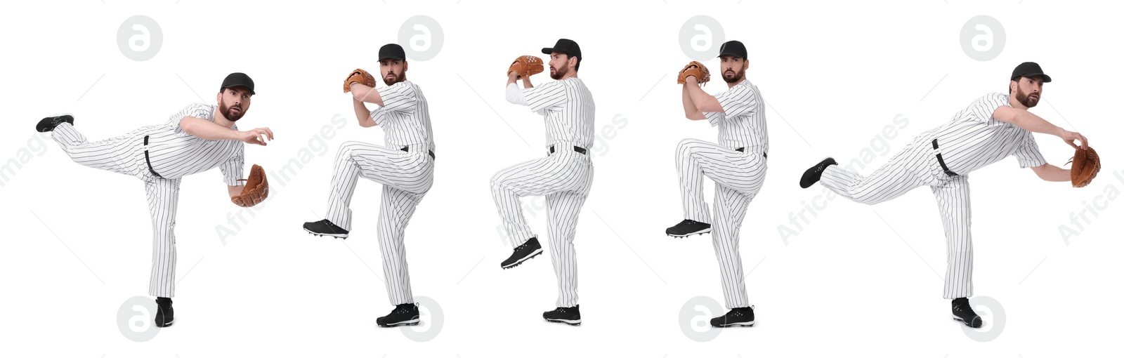 Image of Baseball player with leather glove on white background, set of photos