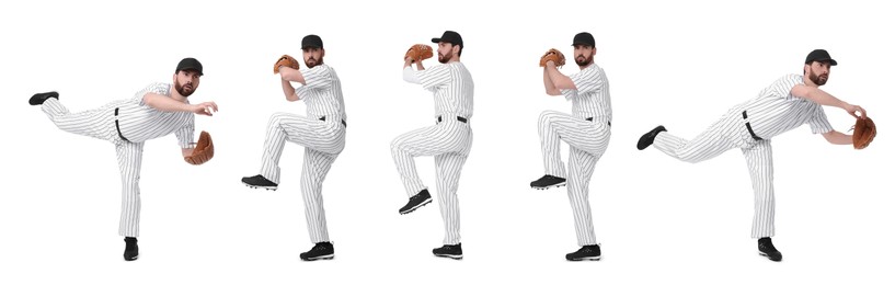 Image of Baseball player with leather glove on white background, set of photos