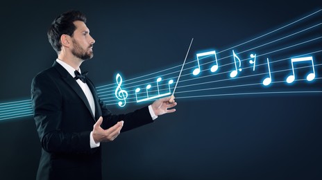 Image of Conductor with baton and music notes on dark background, banner design