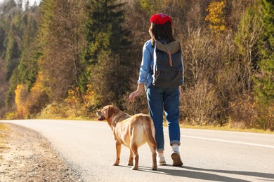 Woman and adorable dog walking along road, back view. Traveling with pet