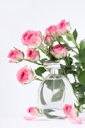 Bottle of luxury perfume and beautiful roses on white background. Floral fragrance