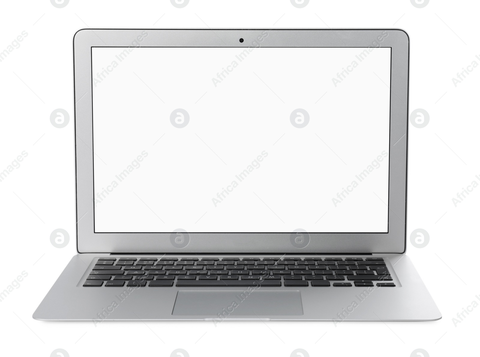 Photo of Modern laptop with blank screen isolated on white