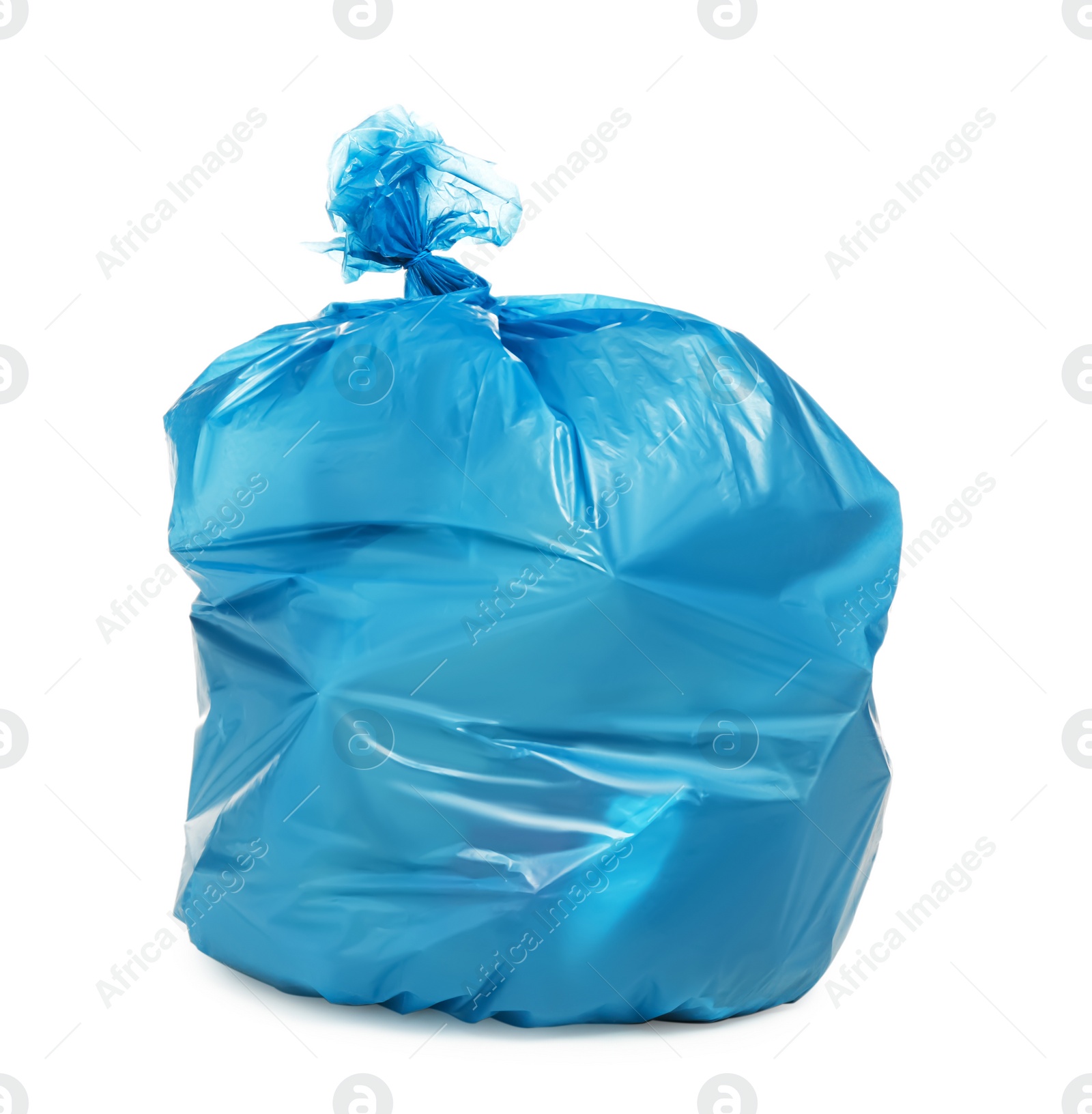 Photo of Blue trash bag filled with garbage isolated on white