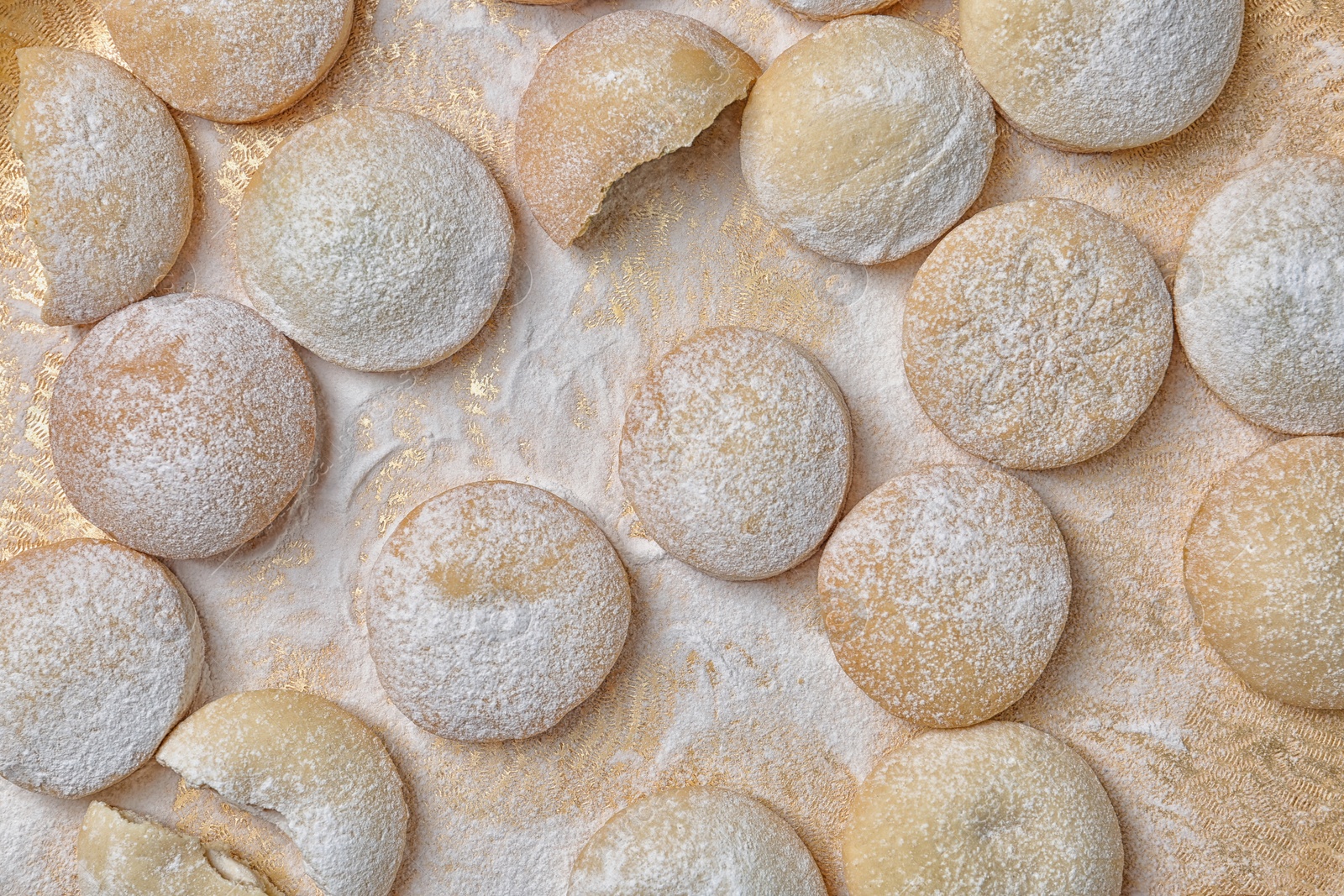 Photo of Traditional cookies for Islamic holidays on color background, flat lay. Eid Mubarak