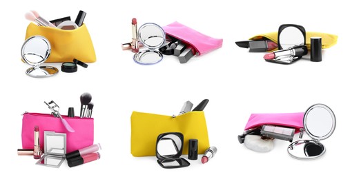 Set with stylish pocket mirrors and cosmetic bags with makeup products on white background. Banner design