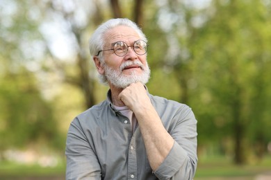 Photo of Portrait of happy grandpa with glasses in park