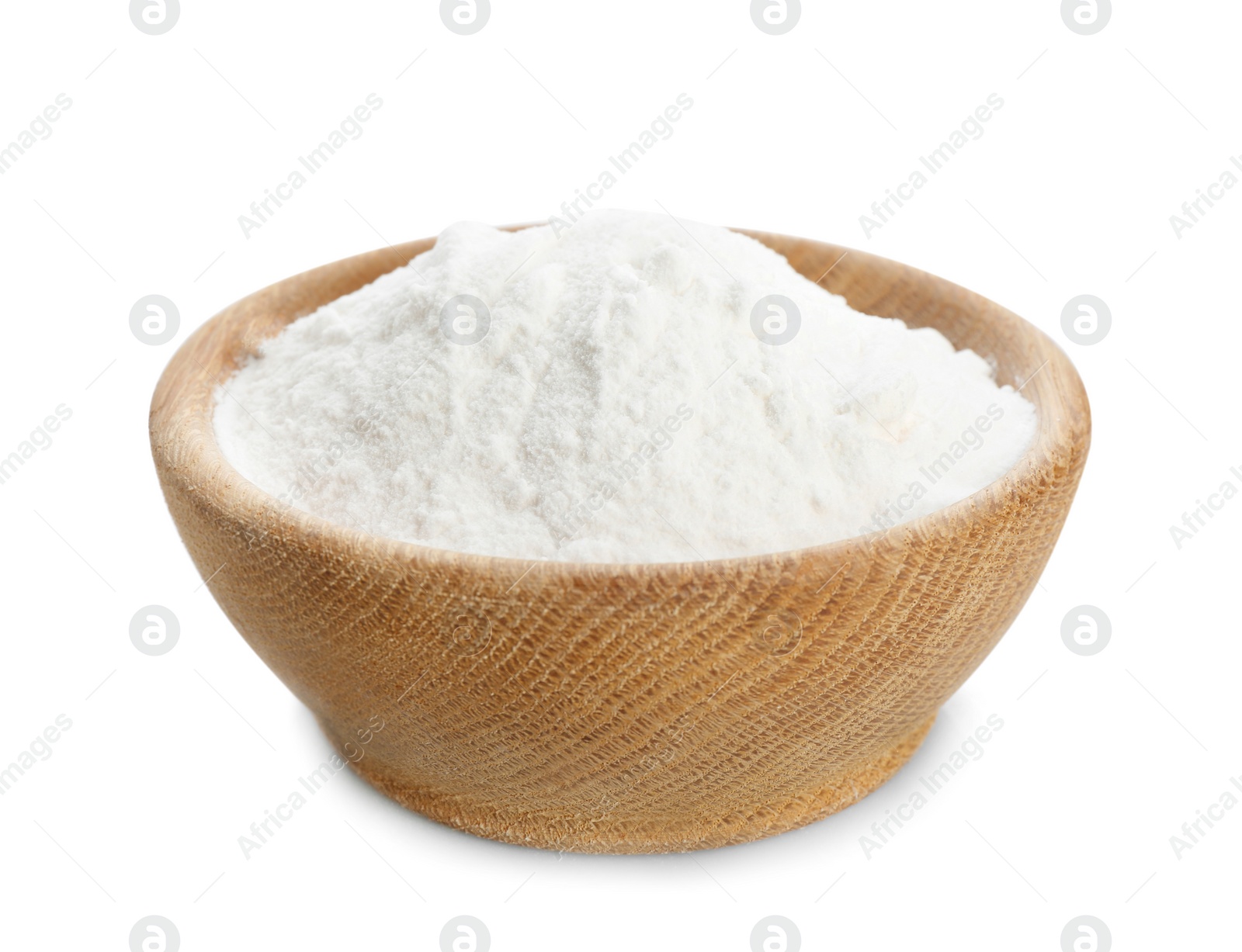 Photo of Wooden bowl with baking soda on white background