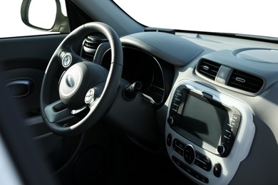 Image of Steering wheel and dashboard in modern car