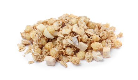 Photo of Pile of granola on white background. Healthy snack