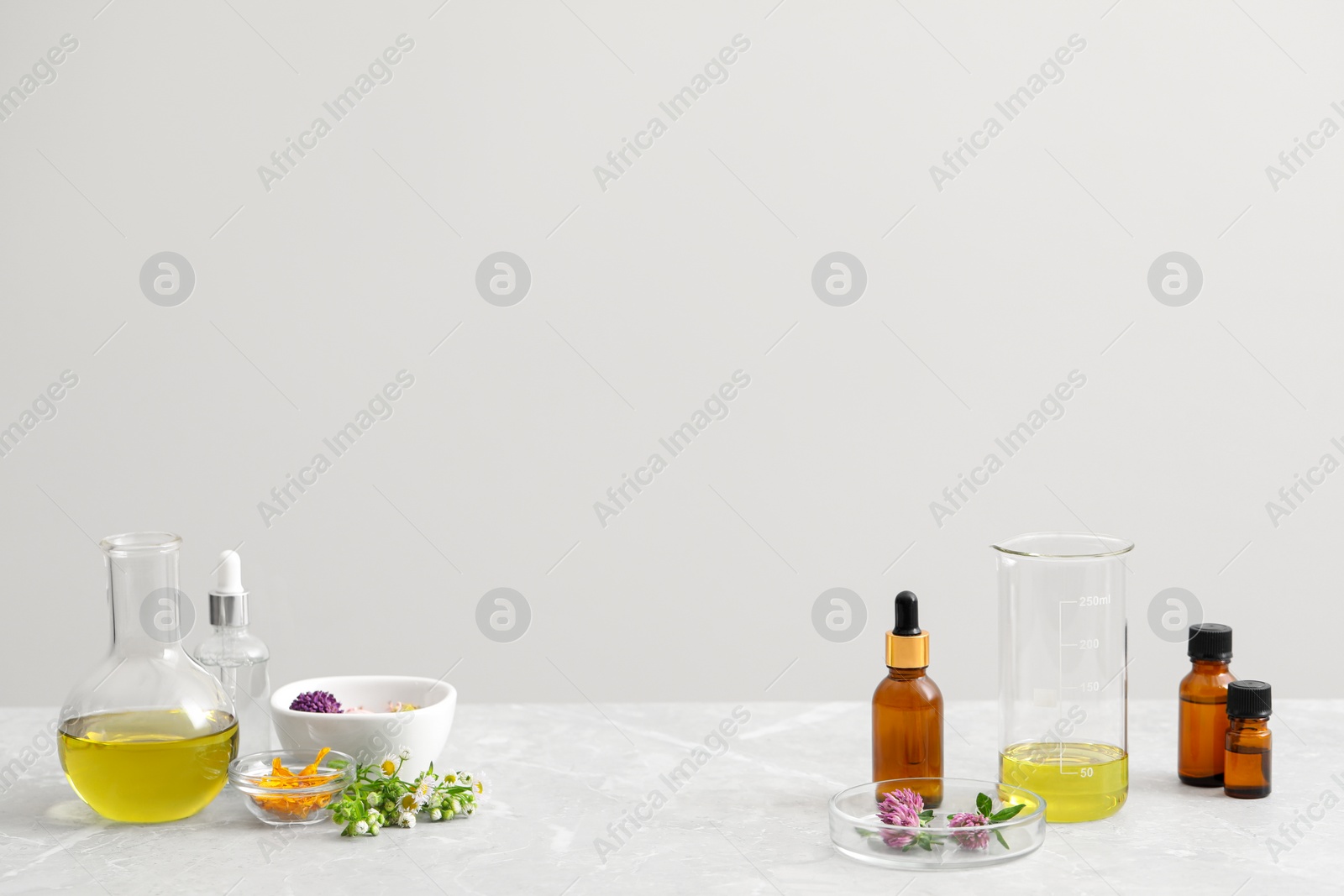 Photo of Cosmetic oil, laboratory dishware and flowers on light grey table, space for text