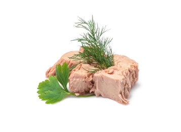Photo of Pieces of canned tuna with dill and parsley on white background