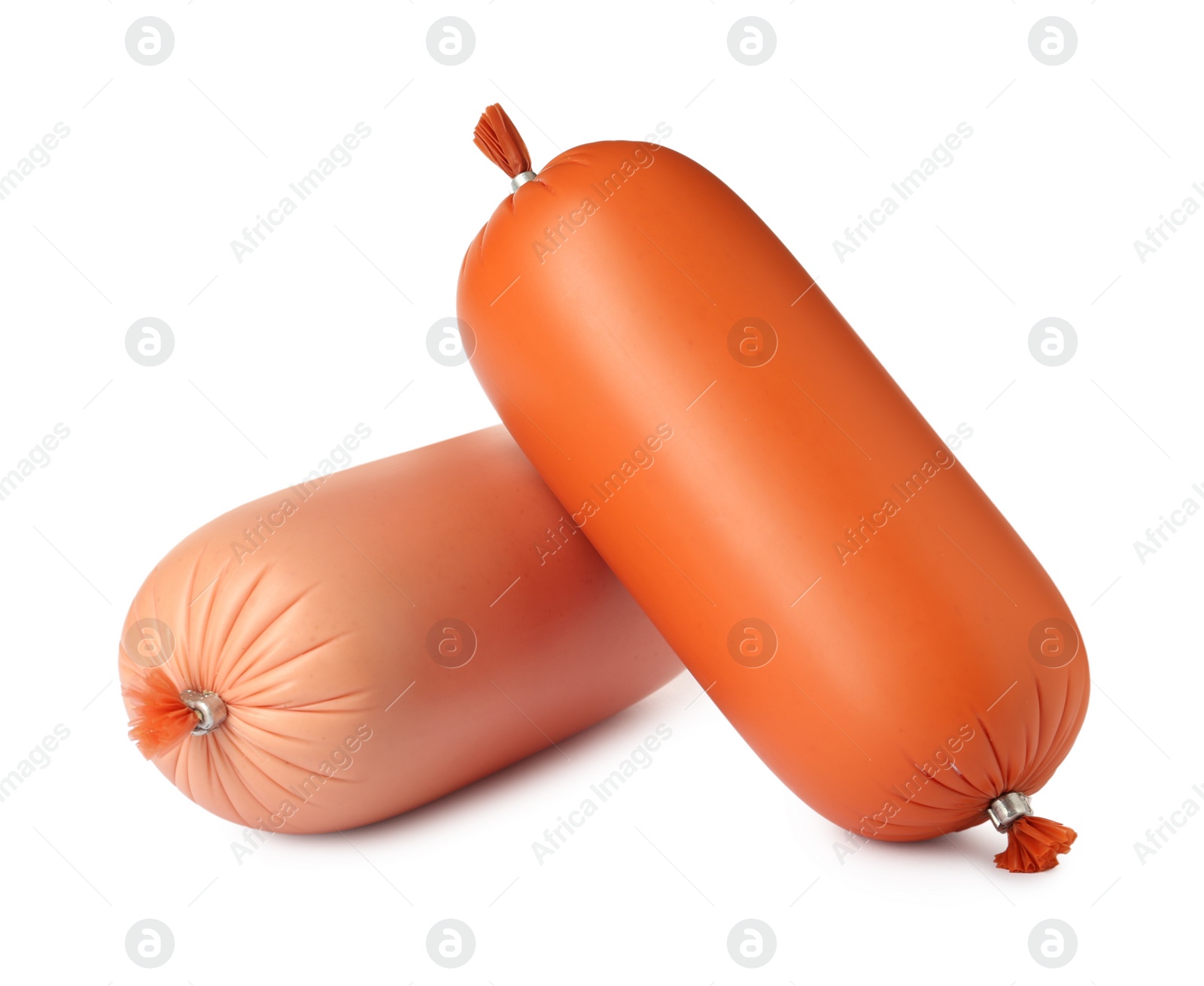 Photo of Different tasty boiled sausages on white background