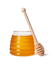 Photo of Tasty natural honey in glass jar and dipper isolated on white