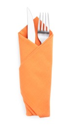 Photo of Fork and knife wrapped in orange napkin on white background, top view