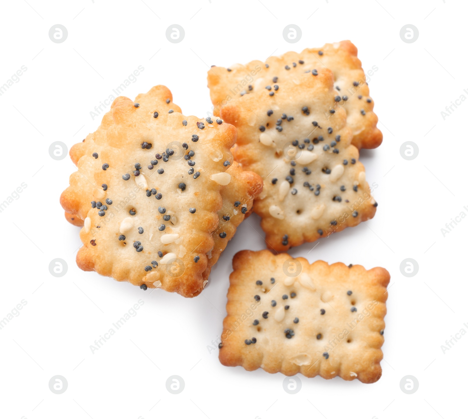 Photo of Delicious crispy crackers with poppy and sesame seeds isolated on white, top view