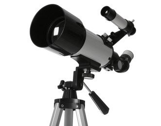 Photo of Tripod with modern telescope isolated on white