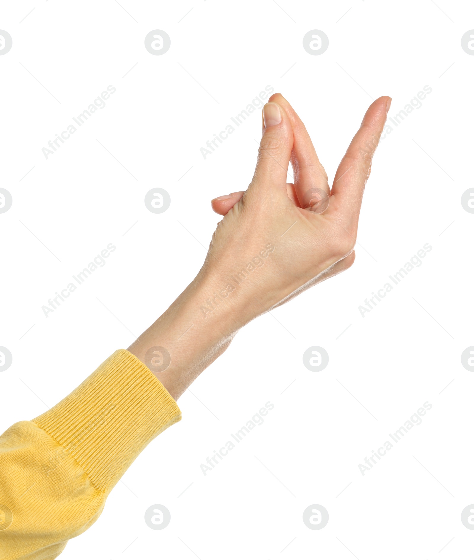 Photo of Woman snapping her fingers on white background, closeup. Bad habit