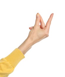 Woman snapping her fingers on white background, closeup. Bad habit