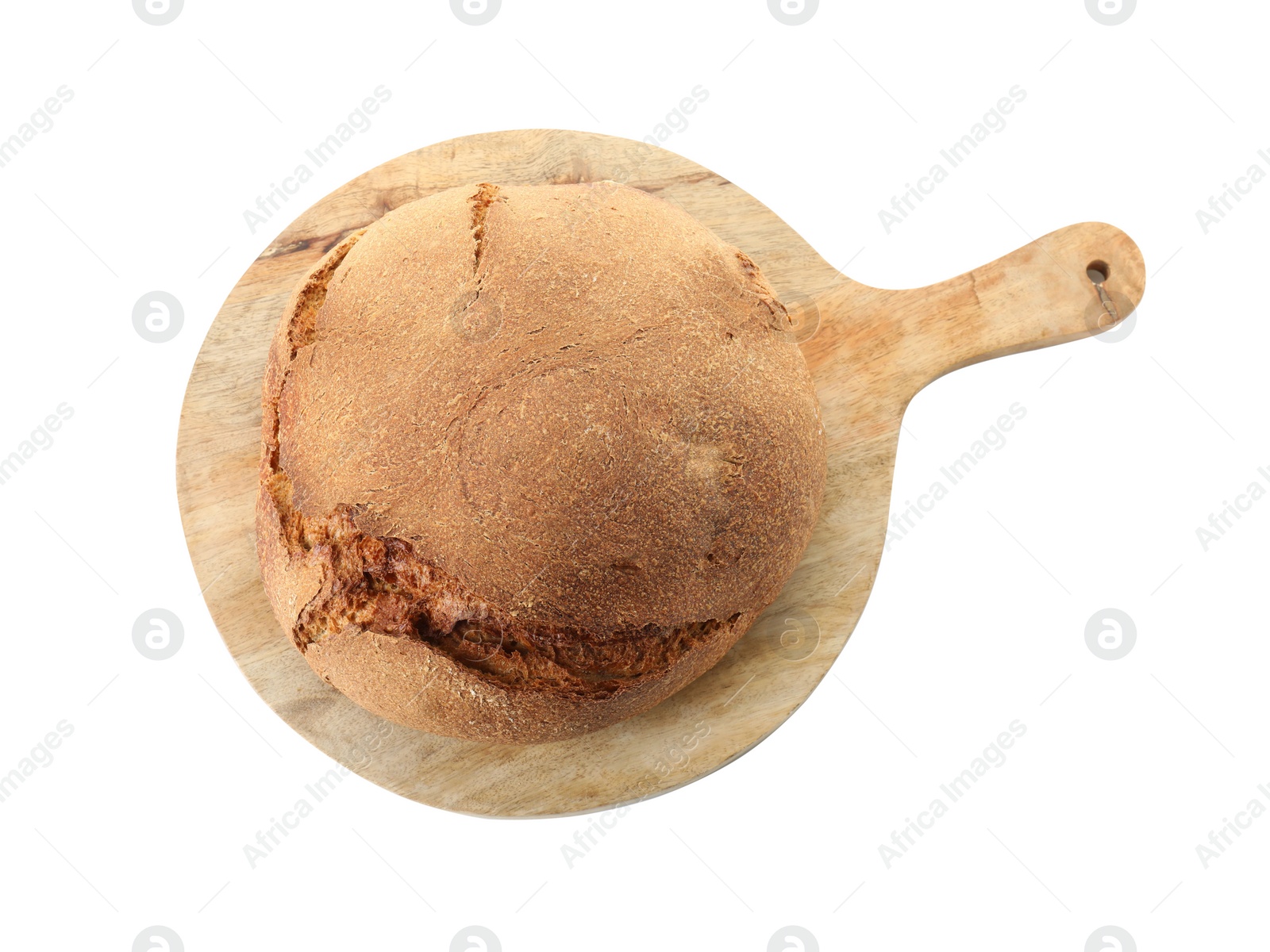 Photo of Whole freshly baked sourdough bread isolated on white, top view