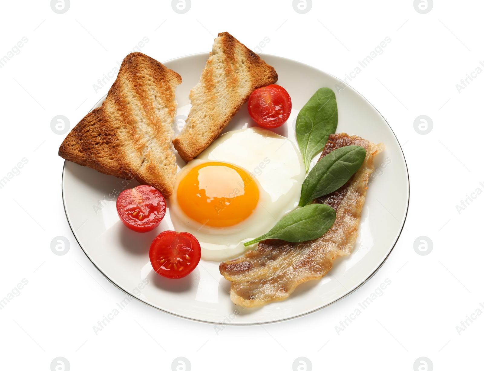 Photo of Delicious breakfast with fried egg, bread and bacon isolated on white