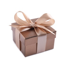 Photo of Shiny gift box with golden bow on white background