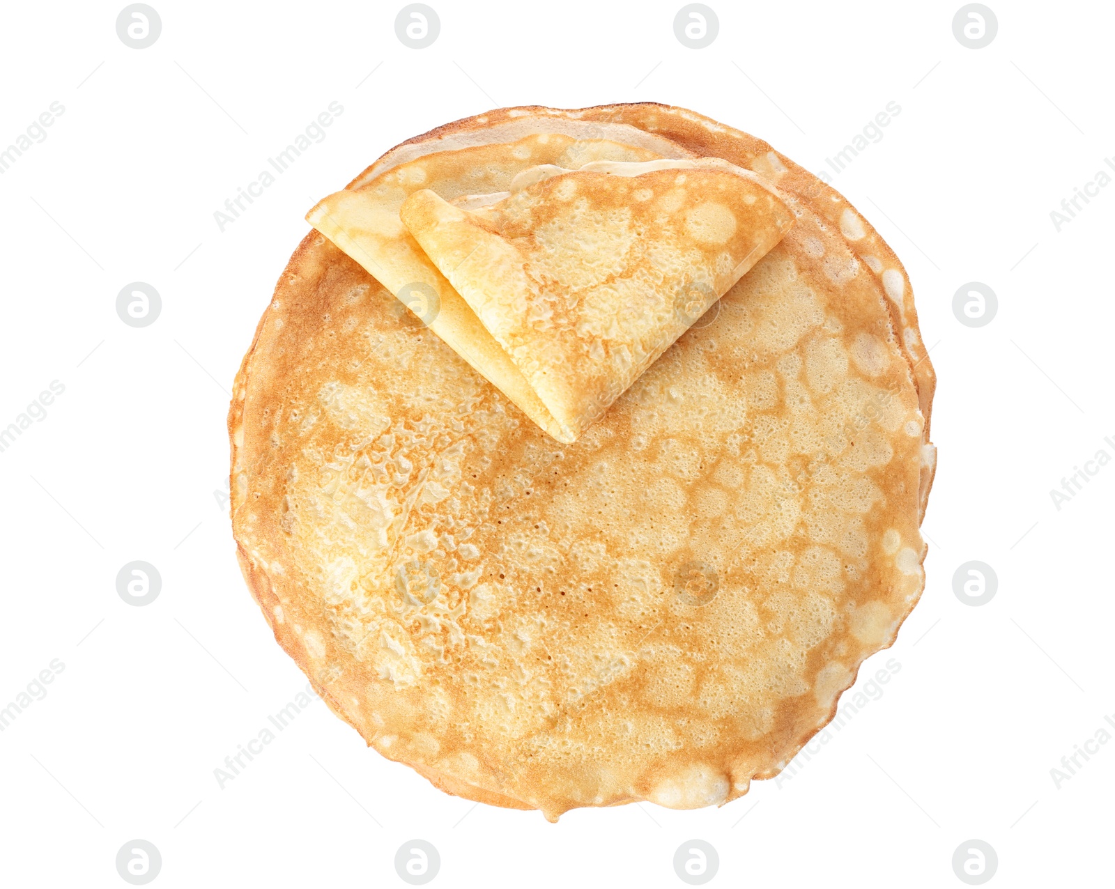 Photo of Tasty thin pancakes on white background, top view