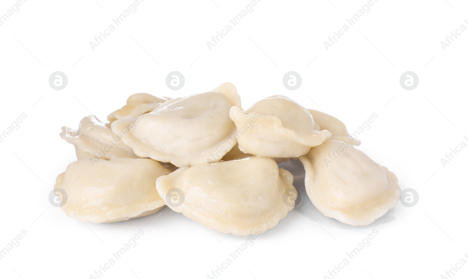 Photo of Delicious dumplings (varenyky) with tasty filling on white background