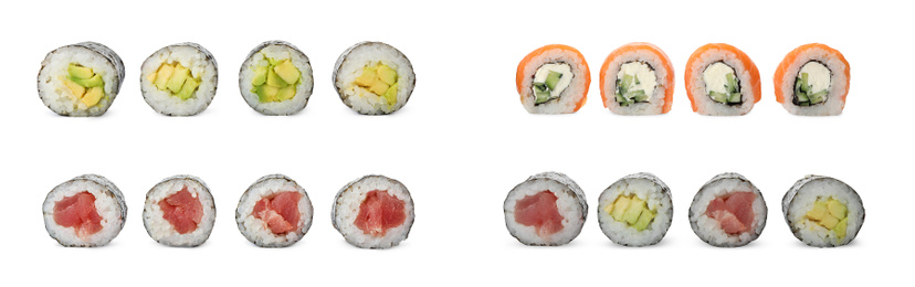 Image of Set with different delicious sushi rolls on white background