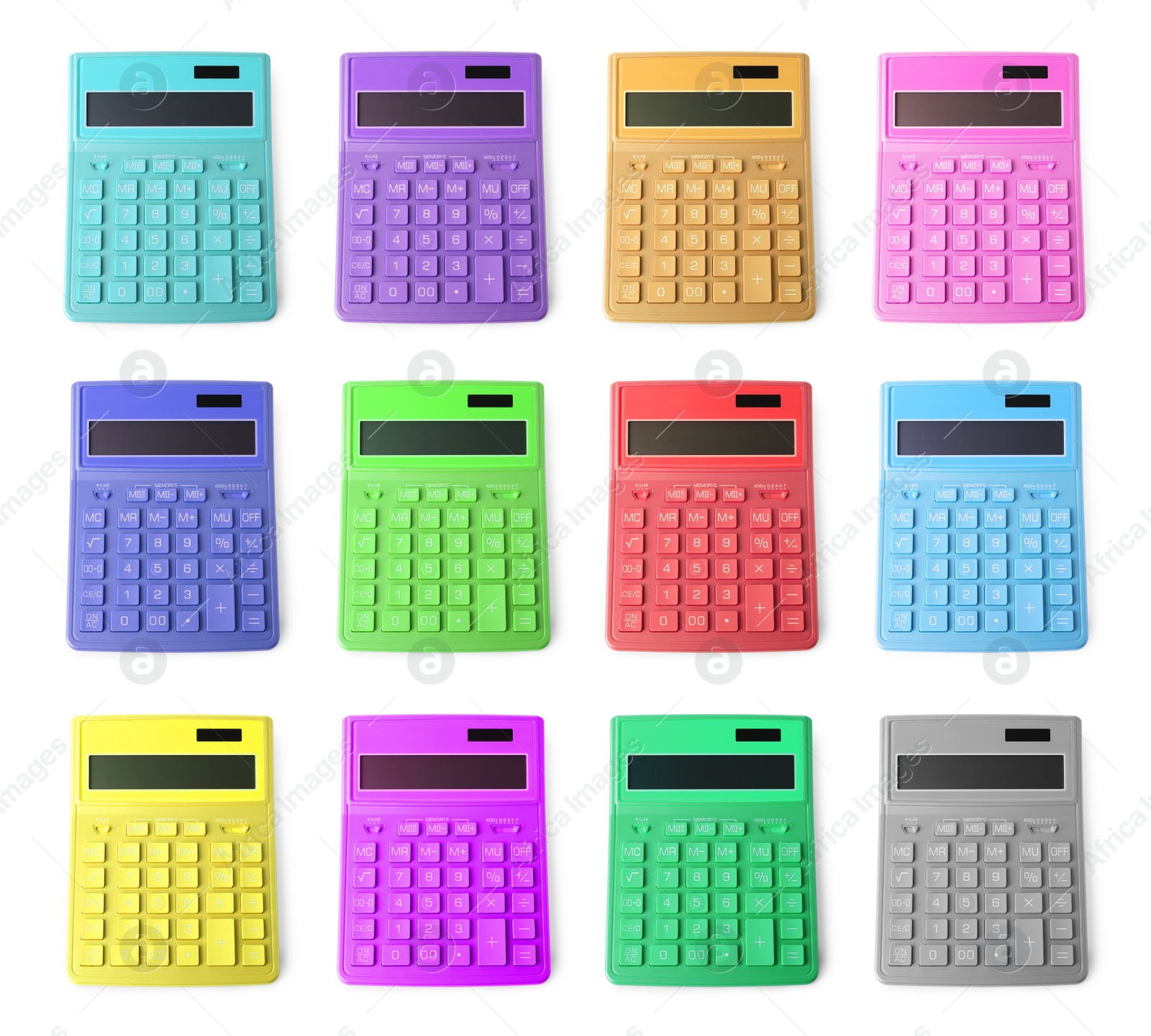 Image of Set with multicolored calculators on white background, top view