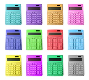 Image of Set with multicolored calculators on white background, top view