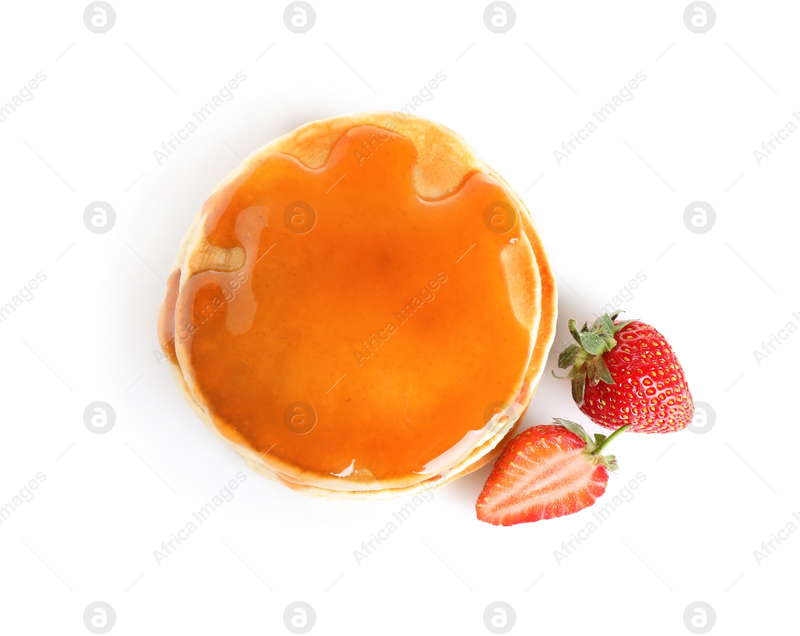 Photo of Stack of delicious pancakes with fresh strawberry and syrup on white background, top view