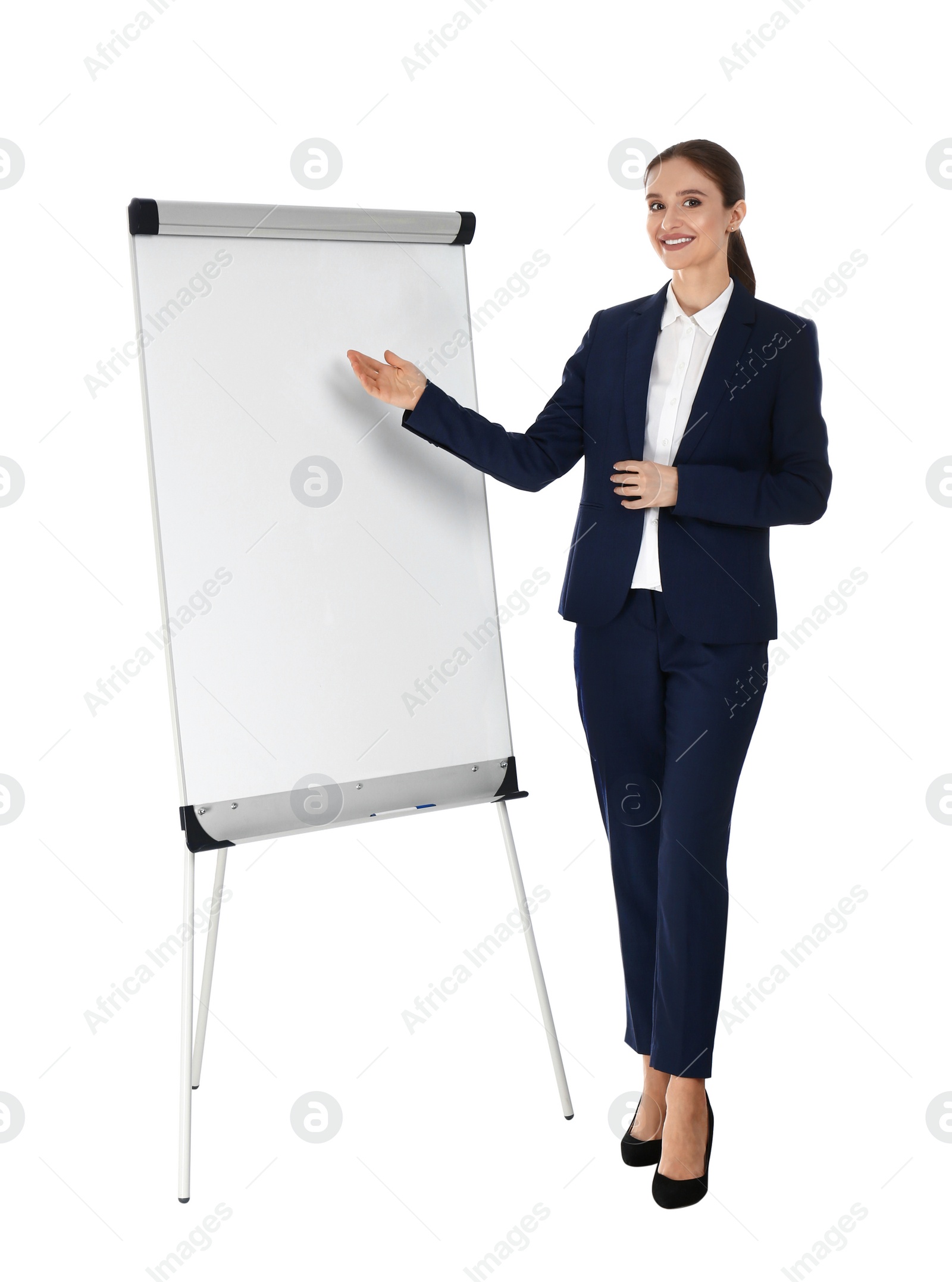 Photo of Professional business trainer near flip chart board on white background. Space for text