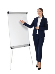 Professional business trainer near flip chart board on white background. Space for text
