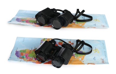 Image of Black binoculars with map on white background, different sides