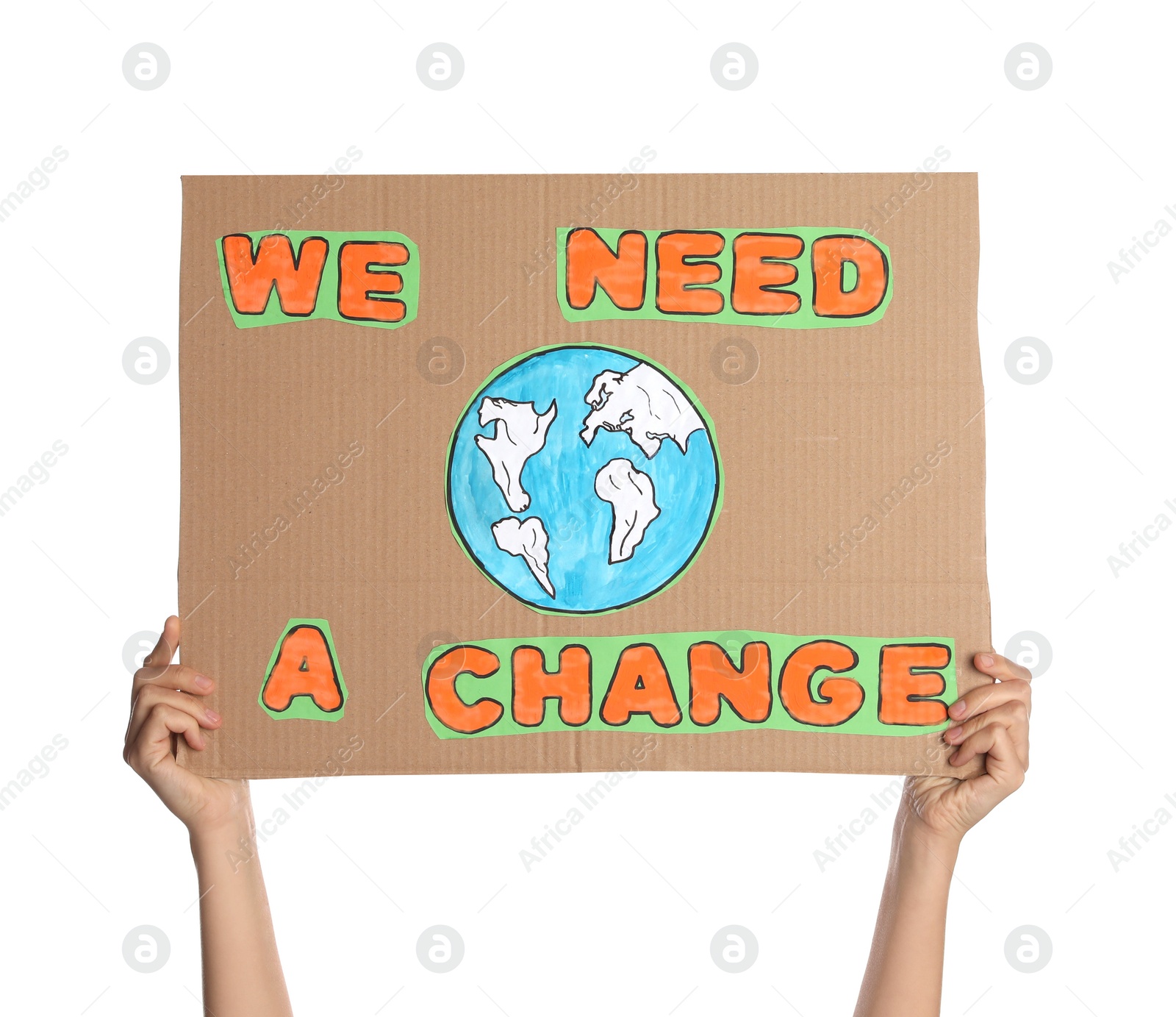 Photo of Protestor holding placard with text We Need A Change on white background, closeup. Climate strike