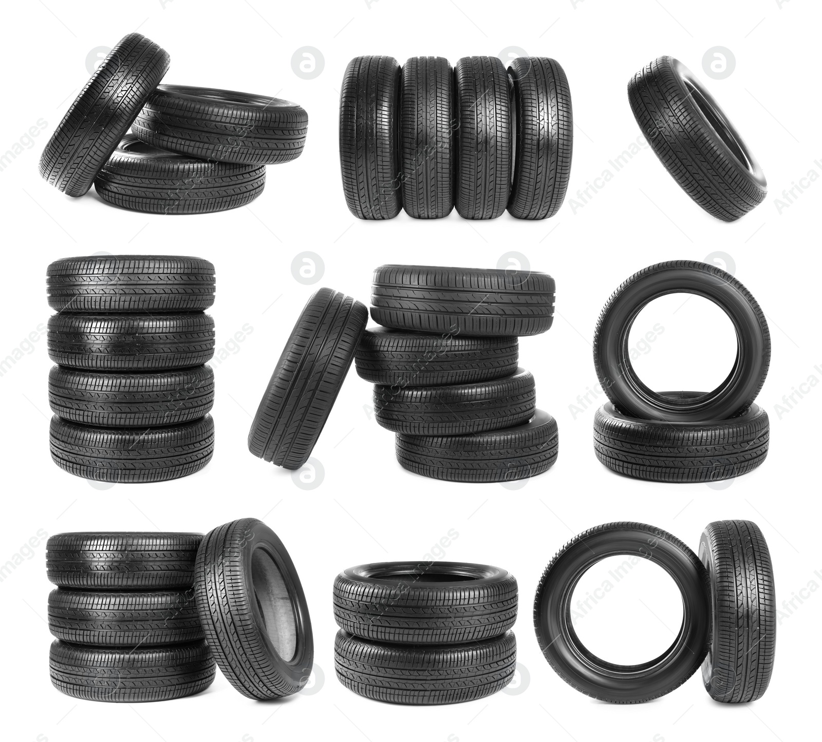 Image of Set with car tires on white background