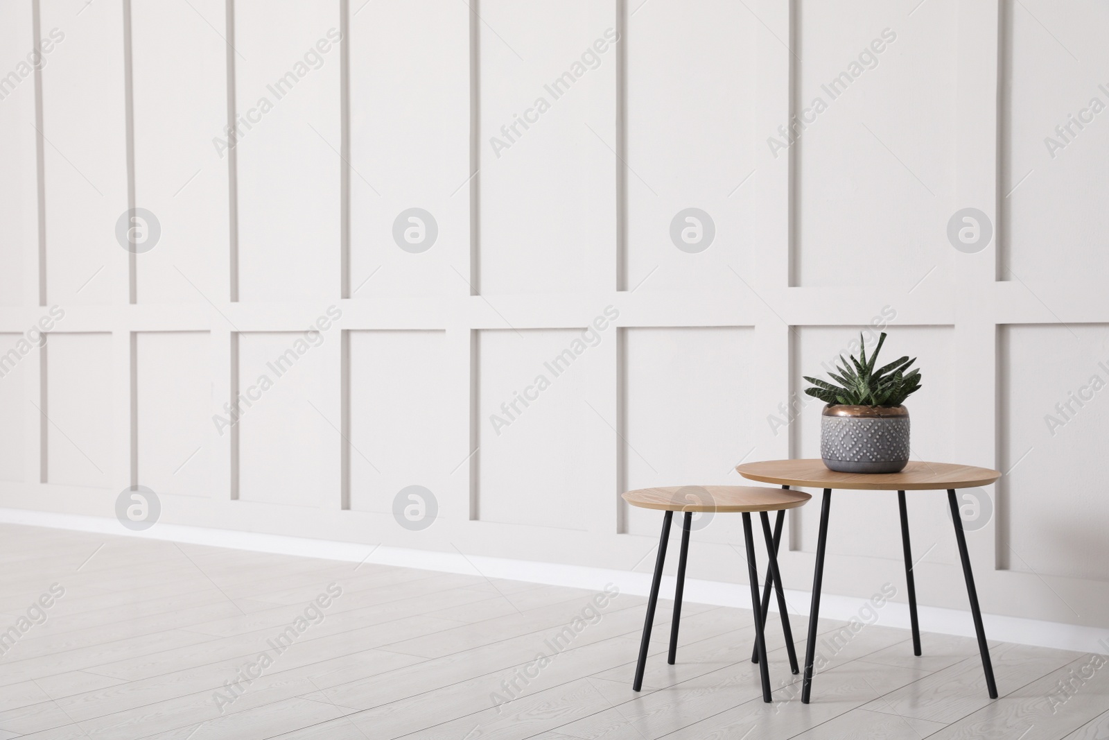 Photo of Tables with potted houseplant near empty wall indoors. Space for design