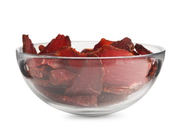 Photo of Glass bowl of delicious beef jerky isolated on white