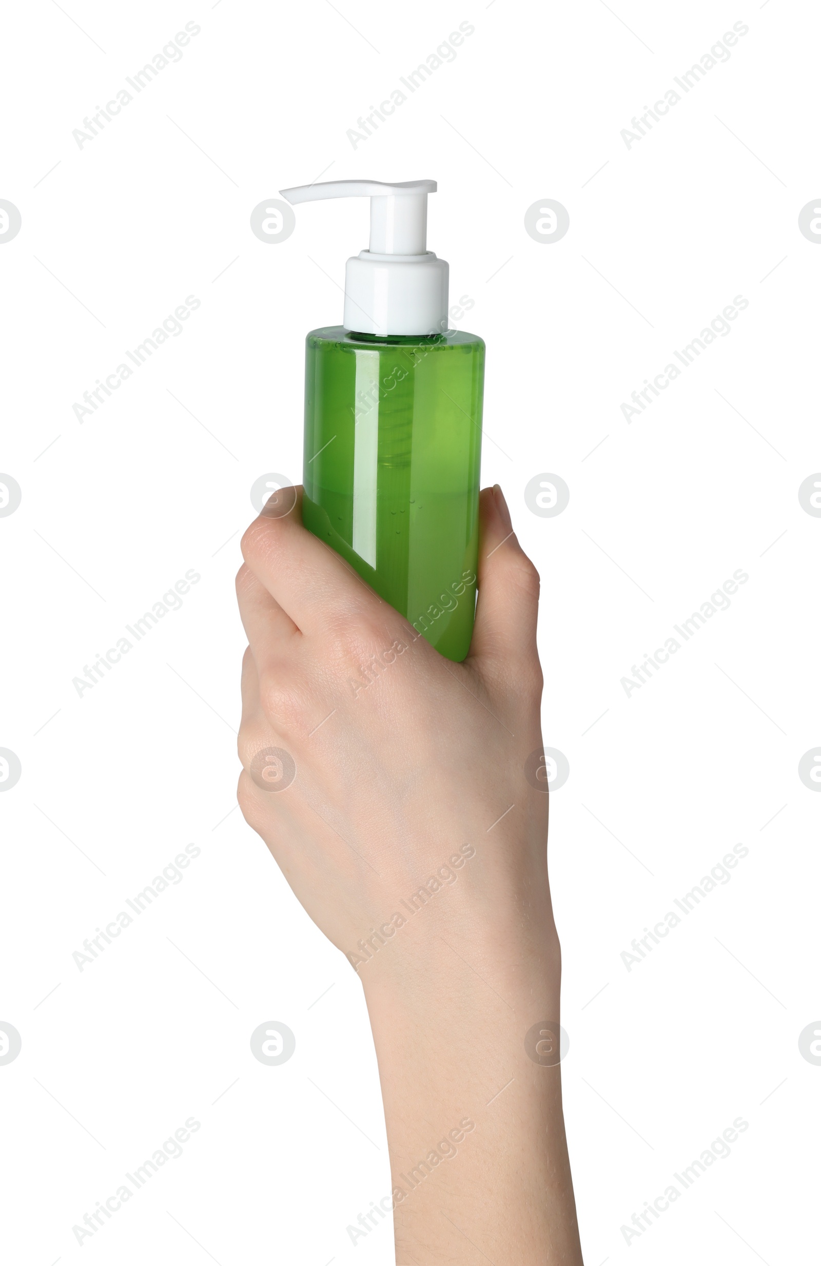 Photo of Woman holding bottle of face cleansing product on white background, closeup