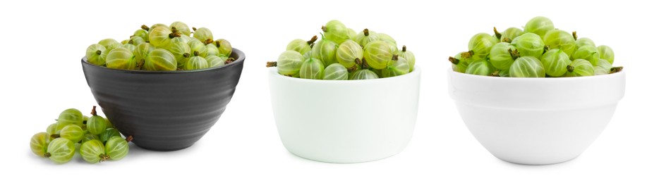 Image of Set with bowls of fresh ripe gooseberries on white background. Banner design