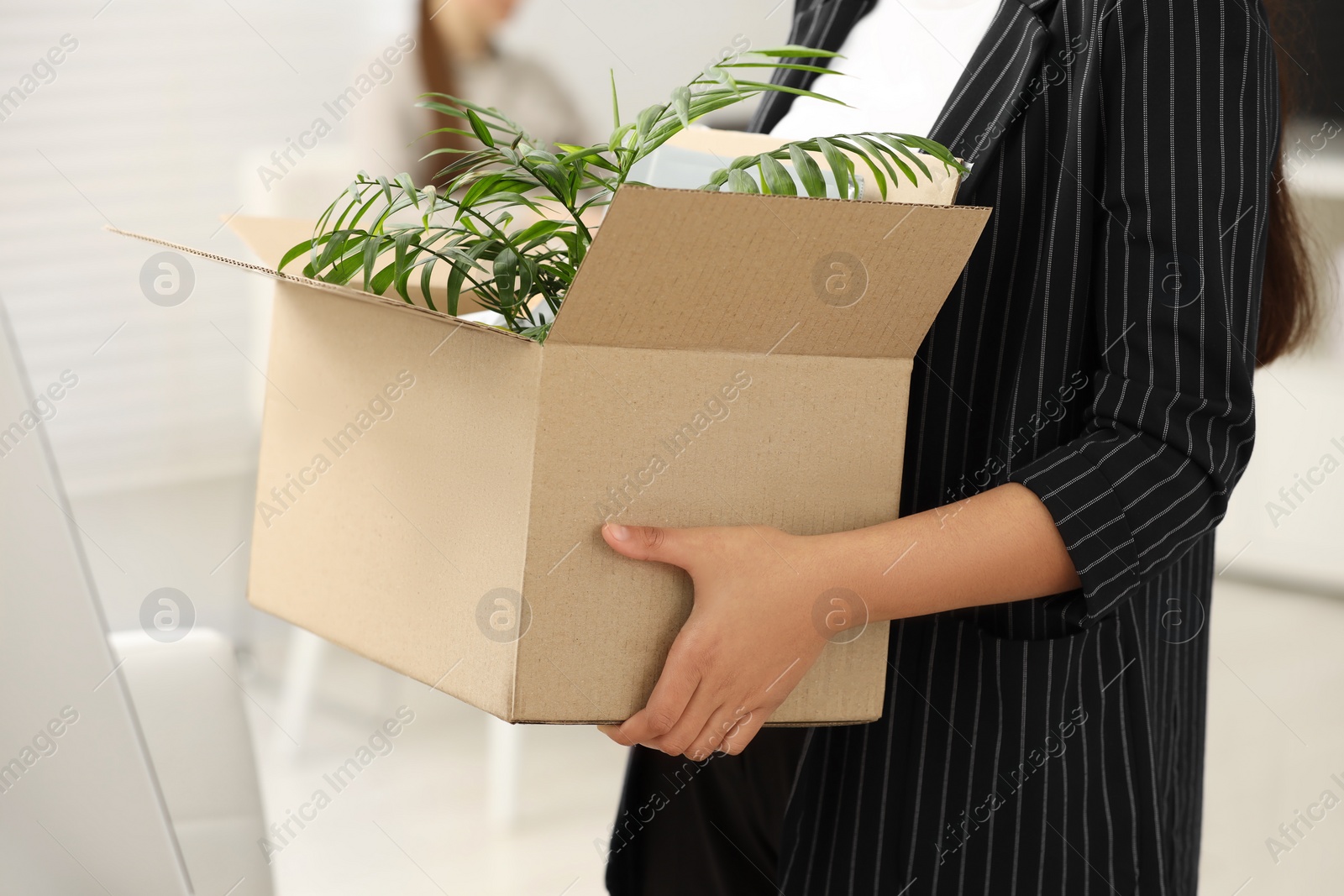 Photo of Unemployment problem. Woman with box of personal belongings in office, closeup