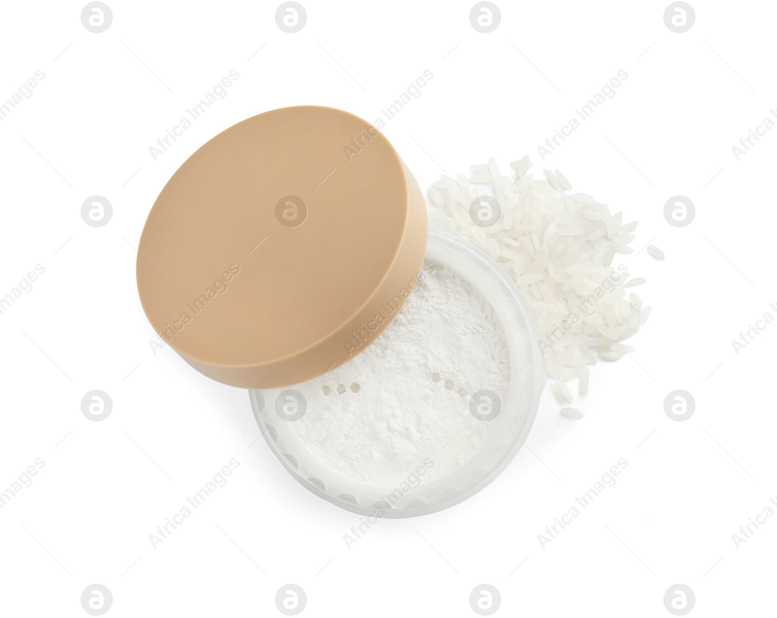 Photo of Loose face powder and rice isolated on white, top view. Makeup product