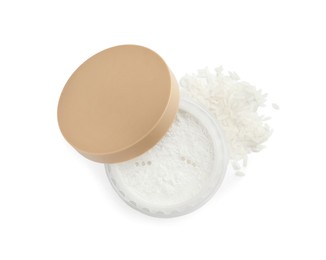Photo of Loose face powder and rice isolated on white, top view. Makeup product
