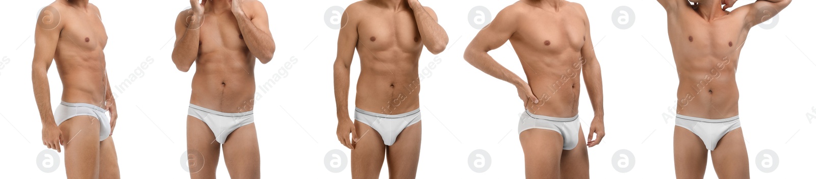 Image of Collage with photos of man wearing underwear on white background, closeup. Banner design