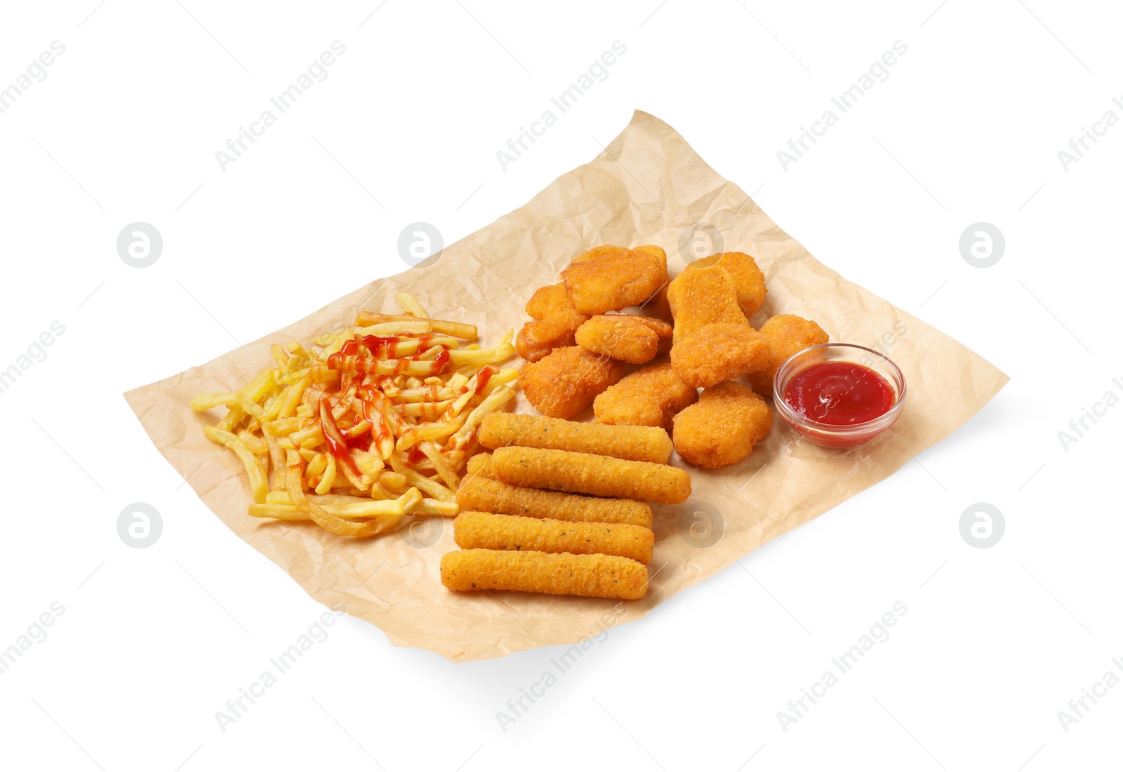 Photo of Tasty french fries, chicken nuggets and cheese sticks with ketchup isolated on white
