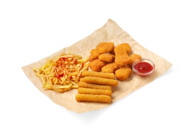 Photo of Tasty french fries, chicken nuggets and cheese sticks with ketchup isolated on white