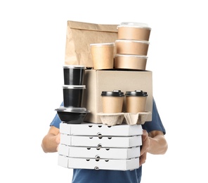 Photo of Courier with stack of orders on white background. Food delivery service