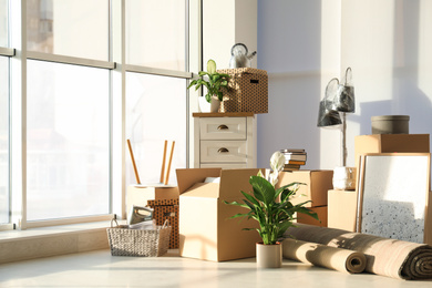 Photo of Cardboard boxes and household stuff in living room. Moving day