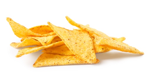 Pile of tasty Mexican nachos chips on white background