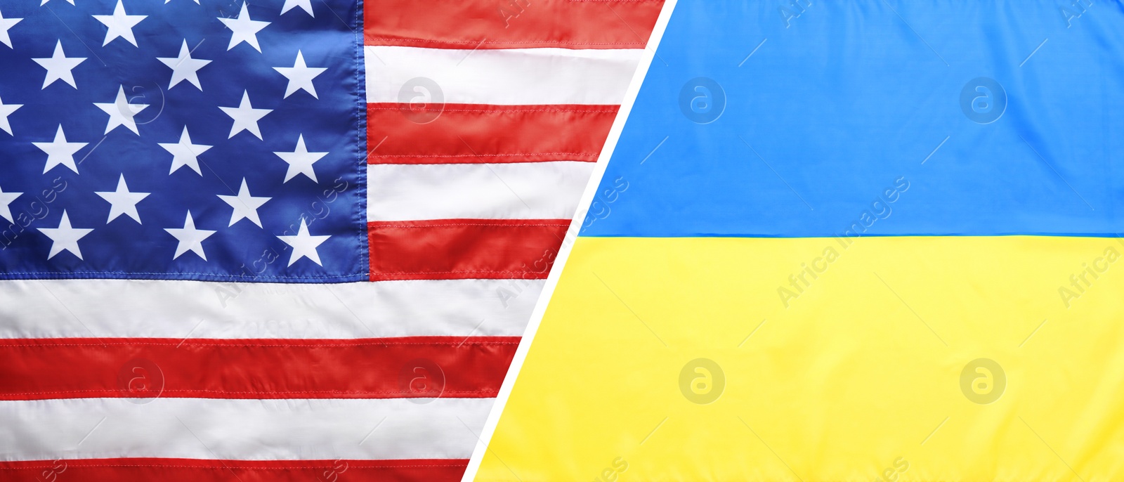 Image of National flags of Ukraine and USA symbolizing partnership between countries. Banner design